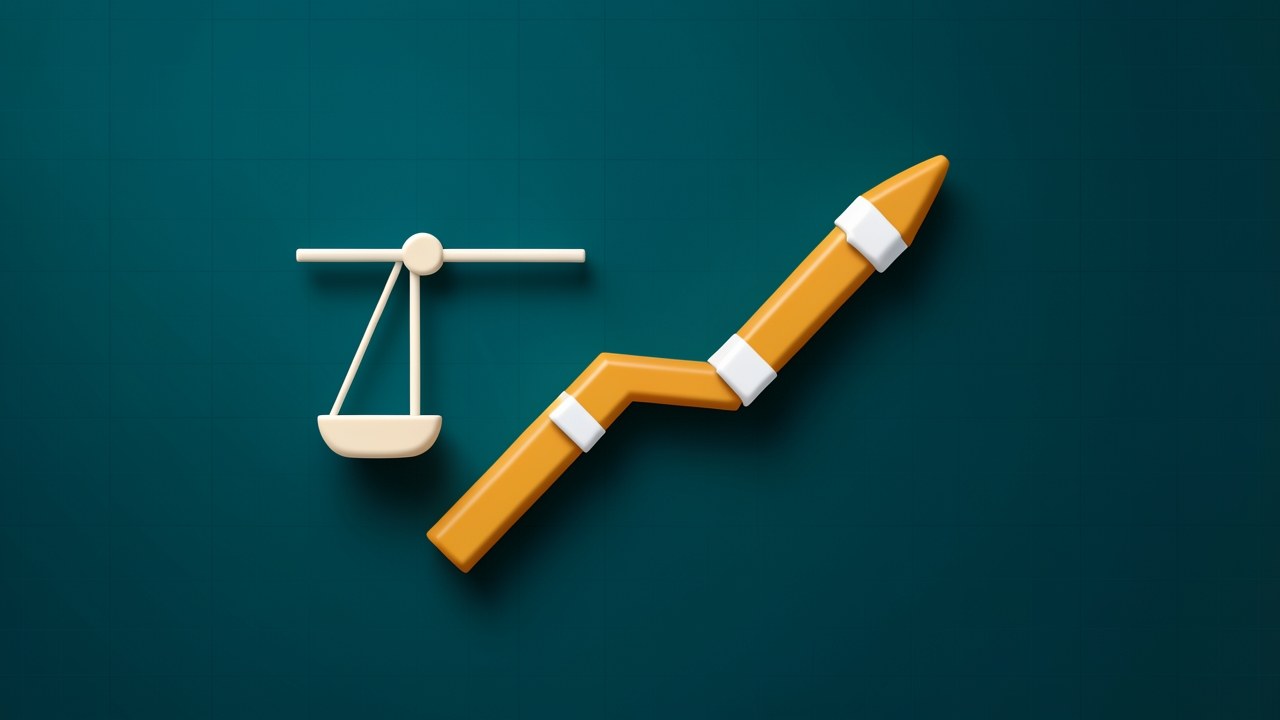 A calm, abstract composition with a deep teal background and a subtle grid of amber and white lines suggesting a financial growth chart and a balanced scale.