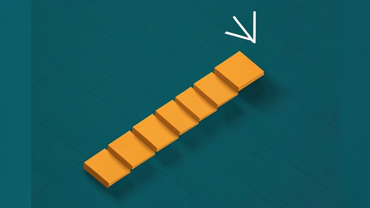 An abstract graphic showing a descending staircase made of amber blocks on a teal background, with a downward arrow icon, suggesting lower costs.