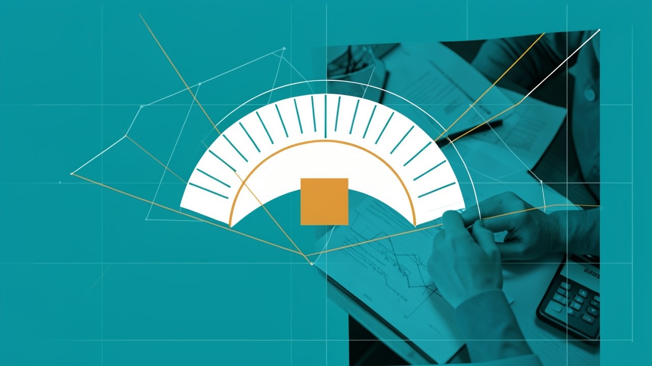 An abstract composition with a large circular dial and a smaller square, with white and amber lines suggesting a mathematical or calculation theme.