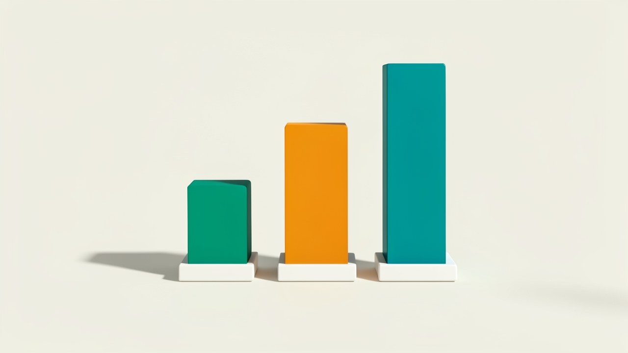A clean, step-like diagram with three vertical bars in increasing heights, in amber and teal, on a light background, suggesting a progressive process.