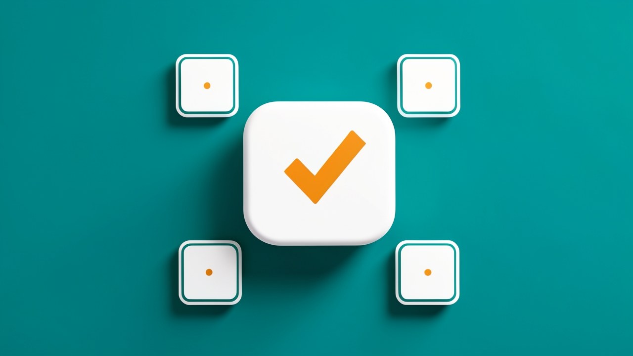 A stylized checklist with a large checkmark in amber on a teal background, surrounded by small squares, suggesting approval and requirements.
