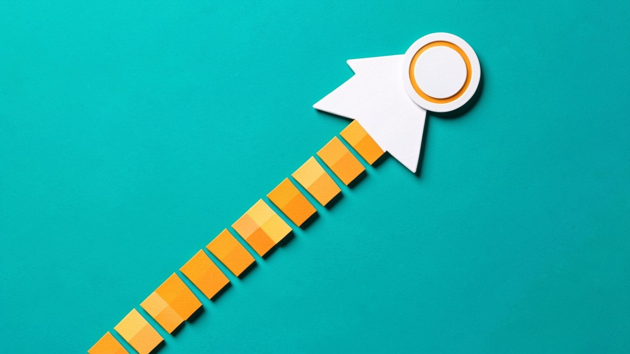 An upward-trending arrow made of small amber squares on a teal background, with a white circular badge at the top, symbolizing credit score improvement.