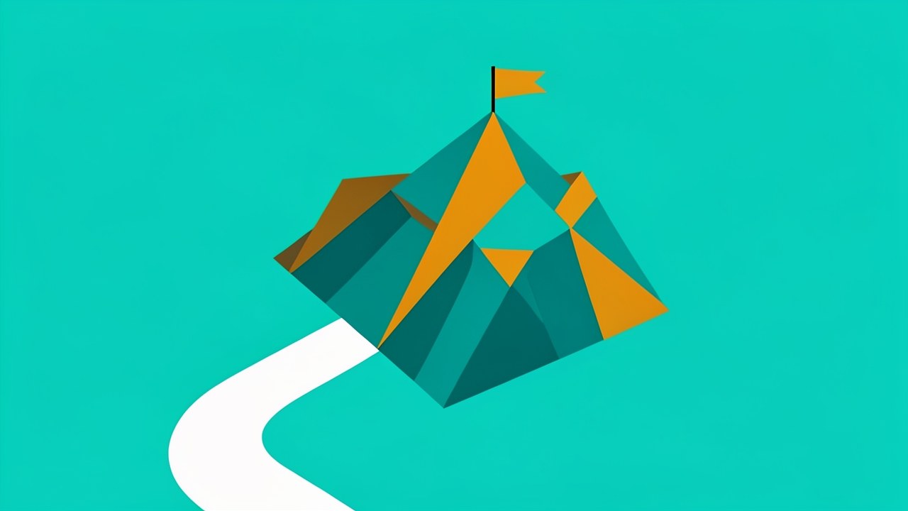 An abstract representation of a mountain with a path leading upward, in teal and amber, with a small flag at the summit, suggesting a challenging but attainable goal.