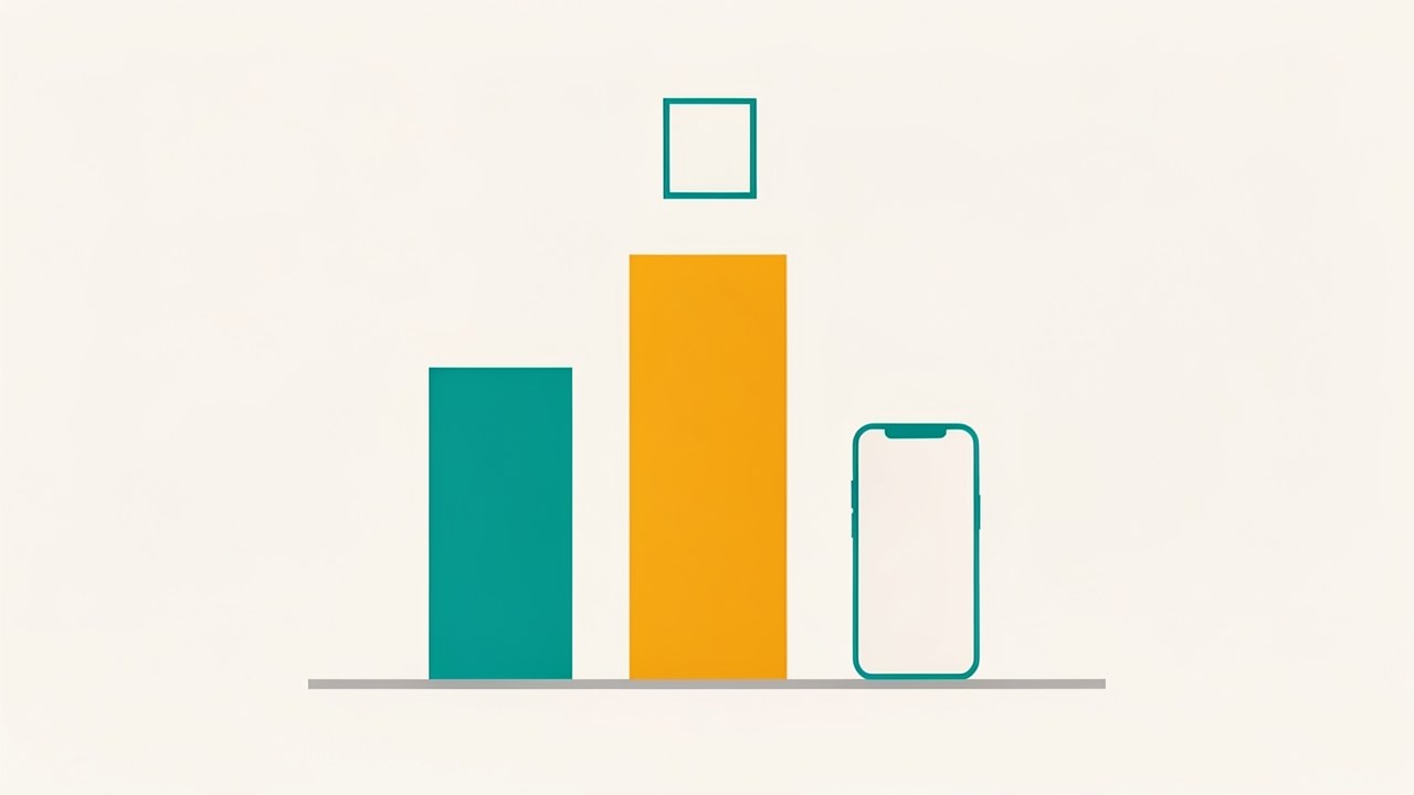 Three columns of different heights, in teal, amber, and off-white, standing on a line, with a small square marker above the tallest, suggesting comparison.