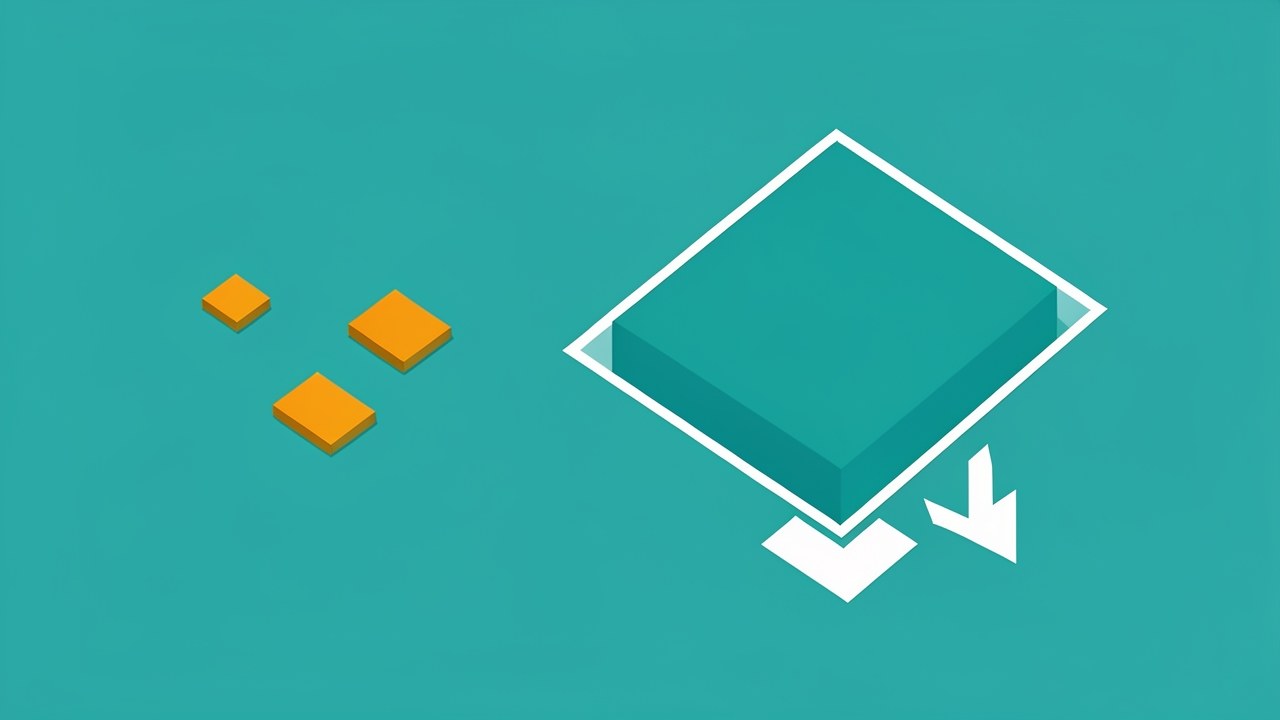 Several small rectangles are merged into a single larger rectangle in the center, with a downward arrow, on a teal background, representing consolidation.