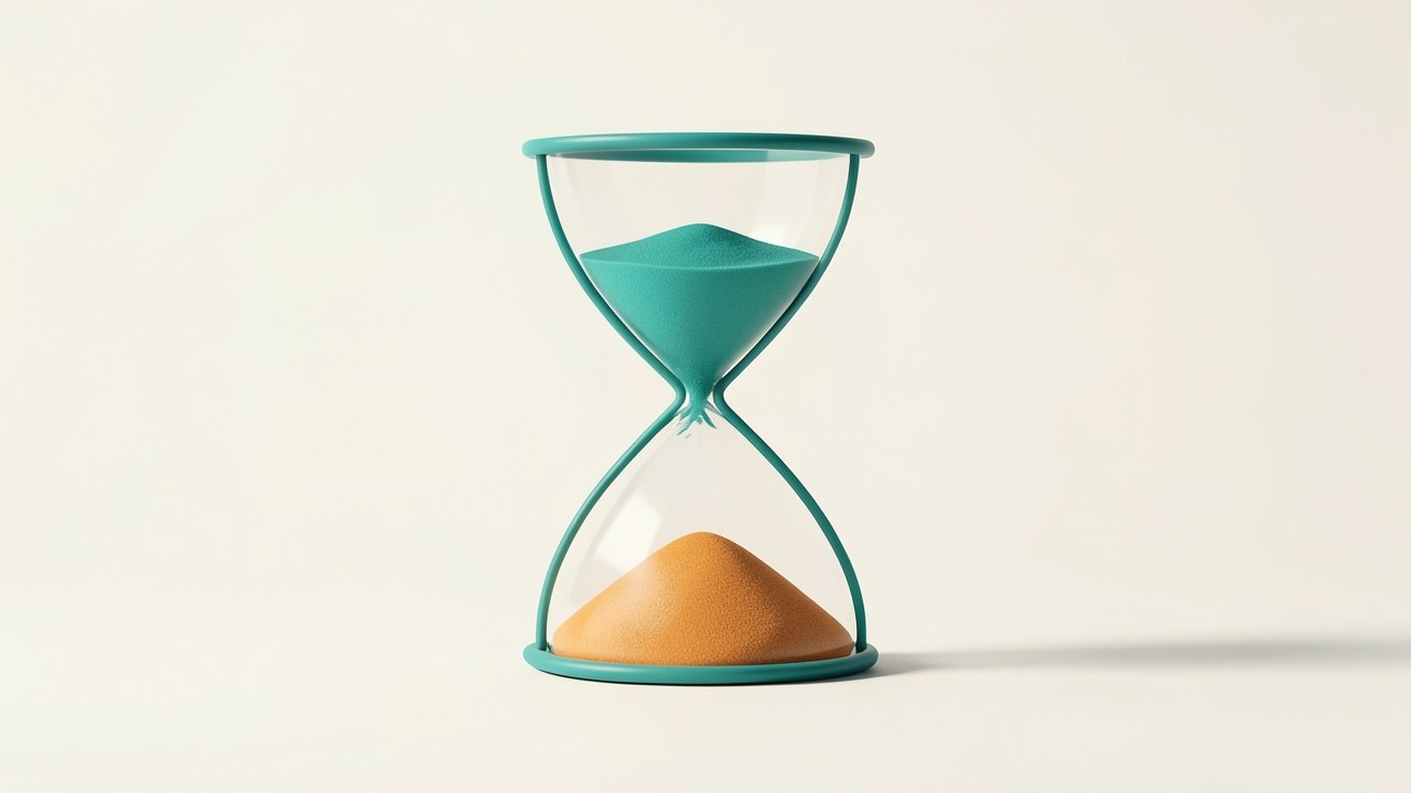 A stylized hourglass with teal sand on top and amber sand on the bottom, on a light background, suggesting a process that takes time.