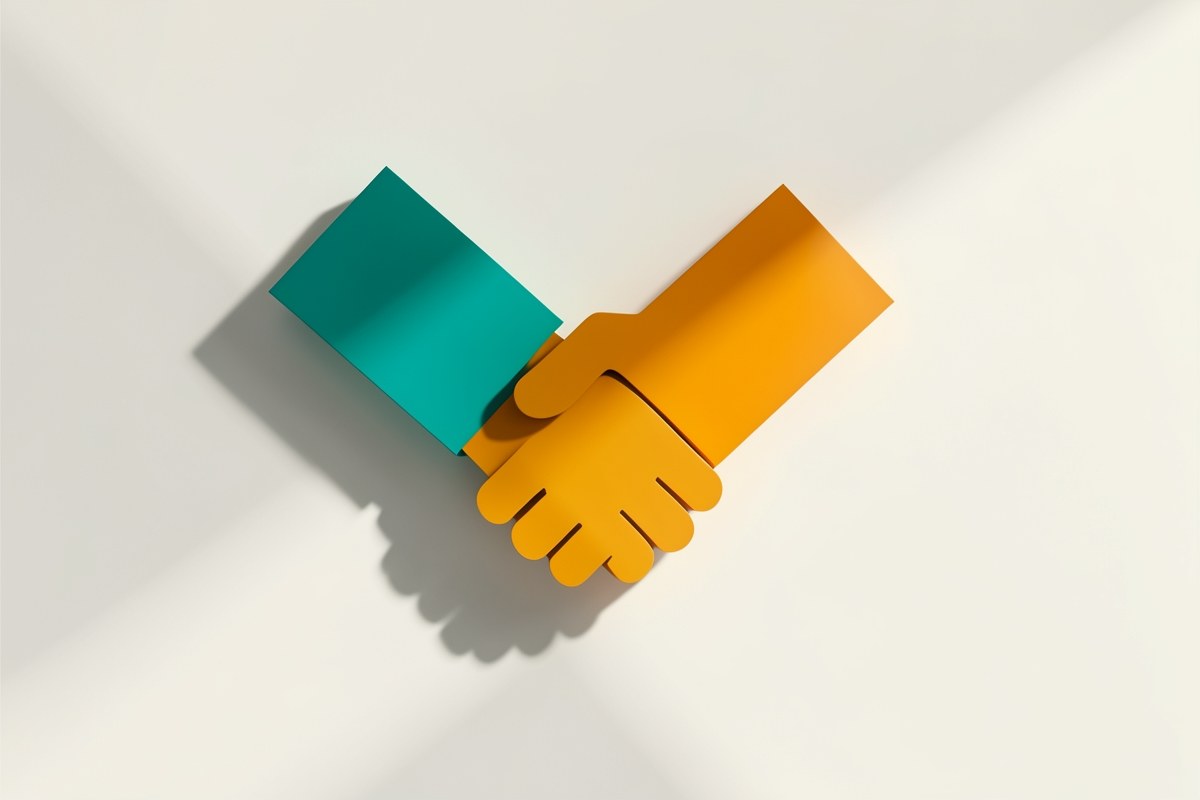 A simple, abstract handshake formed by geometric shapes, in teal and amber, on a light background, suggesting trust and collaboration.