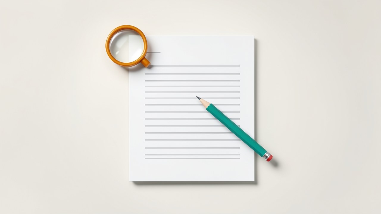 A stylized document with a pencil and a magnifying glass, in teal and amber, on a light background, suggesting review and editing.