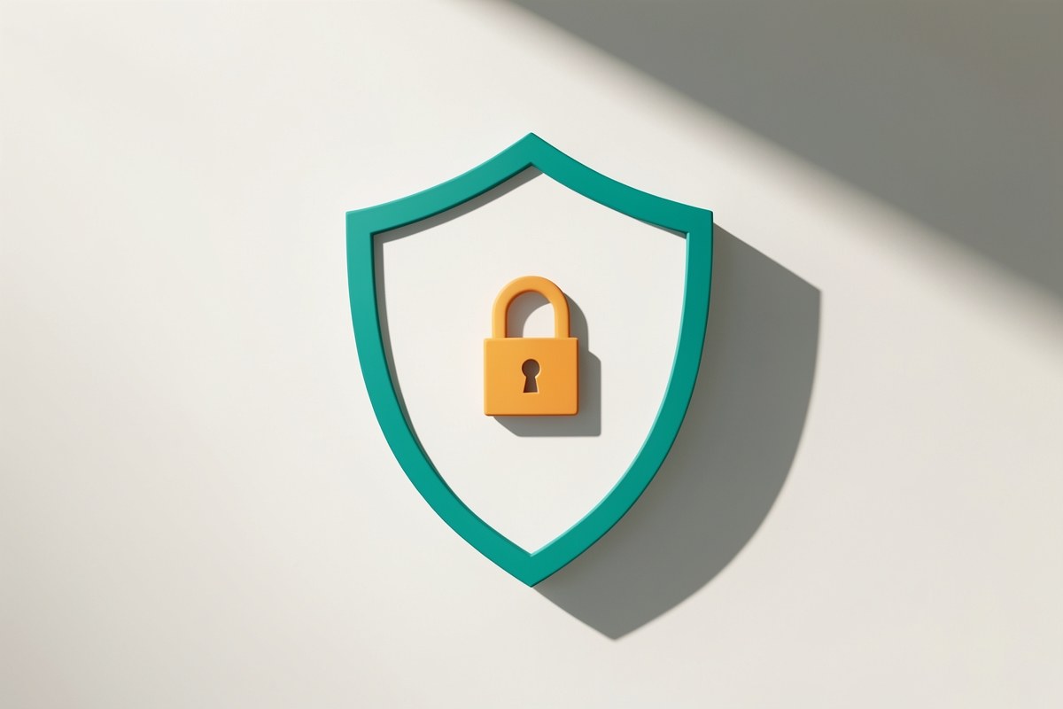 A shield with a small lock icon inside, in teal and amber, on a light background, representing privacy and security.