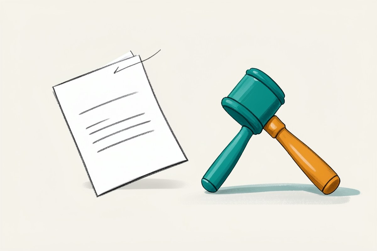A piece of paper with a gavel, in teal and amber, on a light background, representing legal terms and agreement.