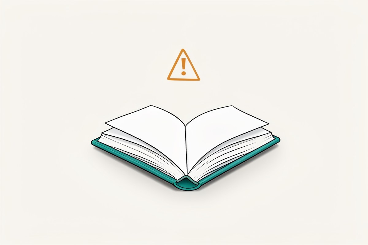 An open book with a small warning triangle in amber, on a light background, suggesting informational content with cautions.
